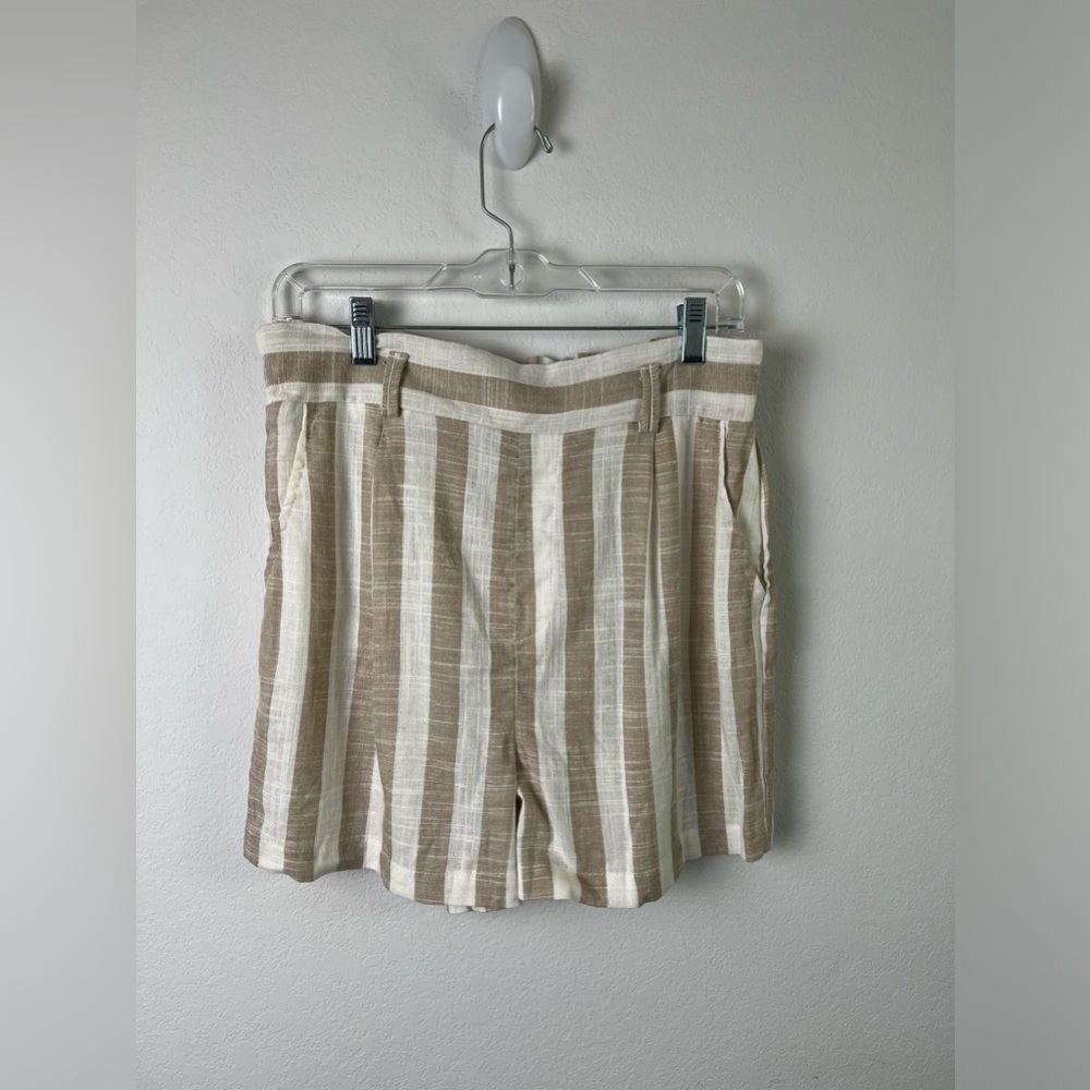 New Look Rayon Linen White & Beige Striped High Waisted Vacation Shorts